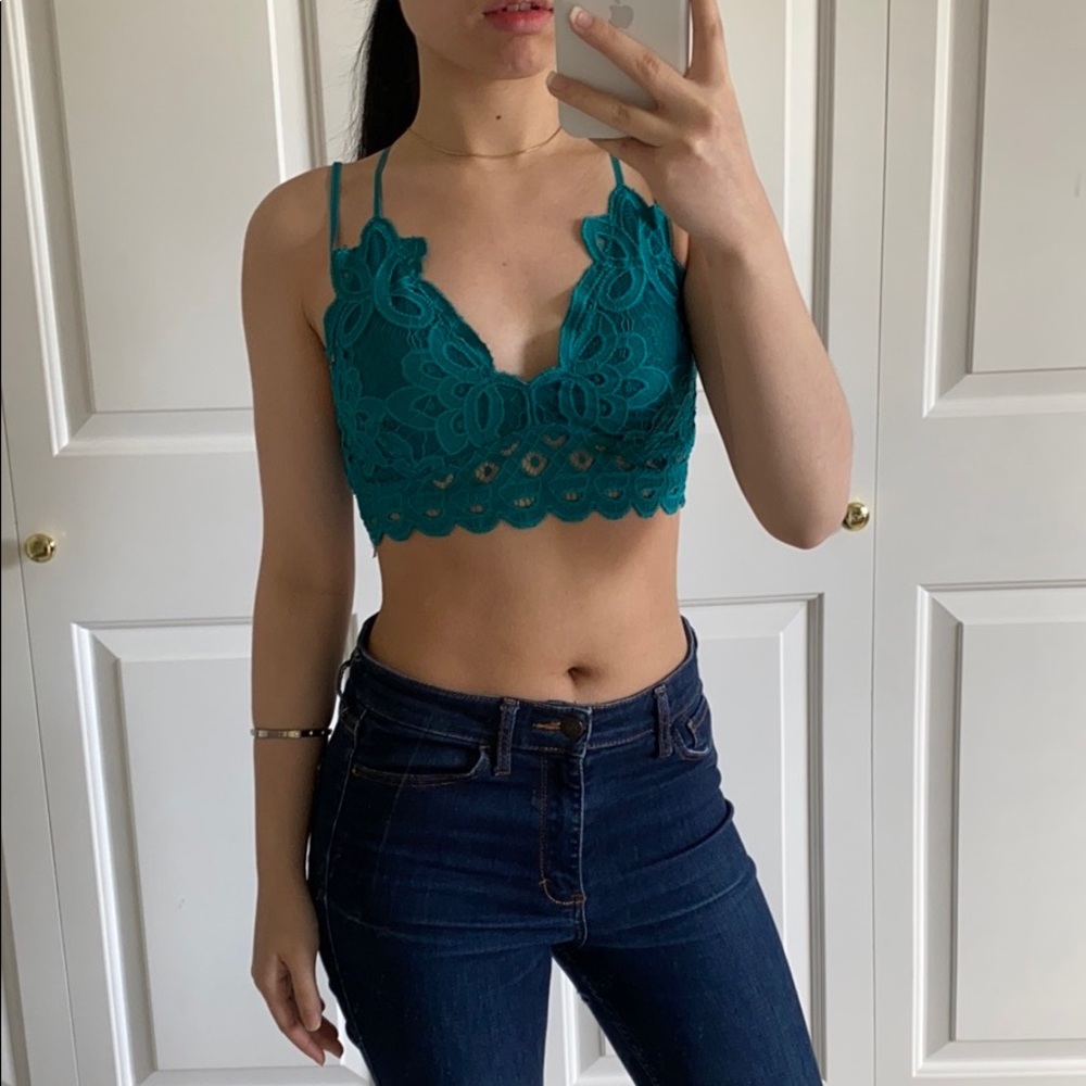 LACEY - Dark Teal V Neck Criss Cross Back Lace Bralette - Picture 5 of 7